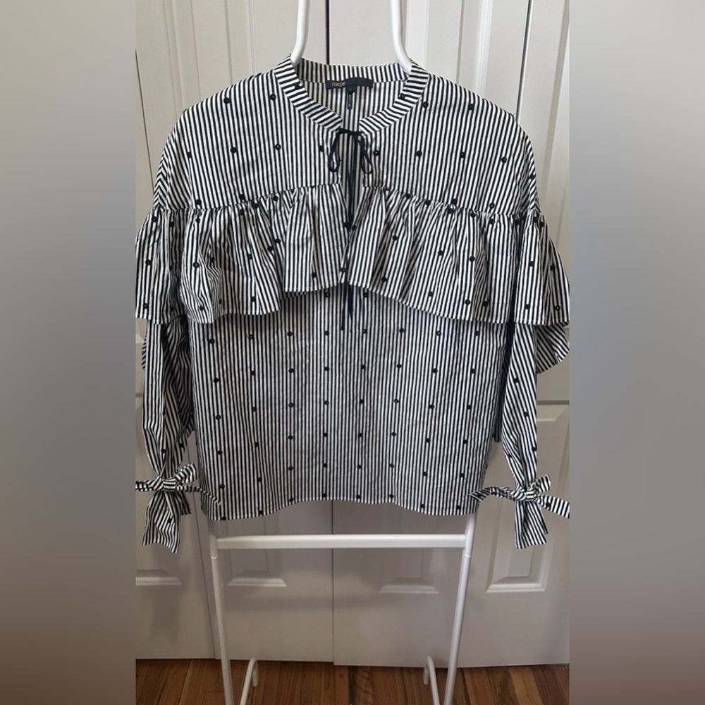 MAJE Black & White Stripe Ruffle Lossi Blouse Shirt Women’s Size 3